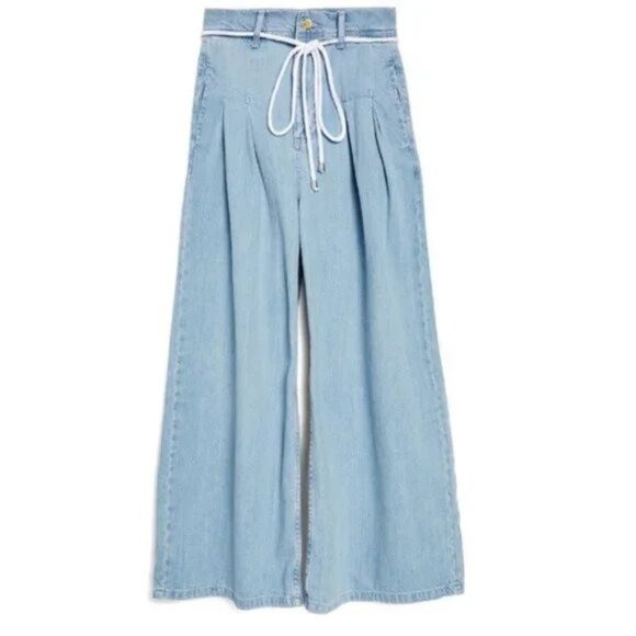 Topshop Moto Pleated Front Tie Crop Wide-leg Pants Jean Size 30 x 30 Culottes - Picture 2 of 15
